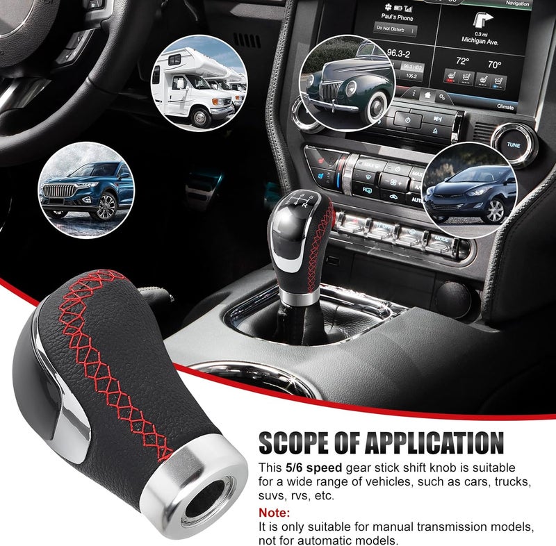 ANDO RACING Universal 5/6 Speed Leather Car Racing Gear Shift Shifter knob,Artificial Leather and ABS Black Stitching Shift Knob with 4 Adapters,Replaceable 3 Gear Position Pastors(Black+Red Line) - Image 2